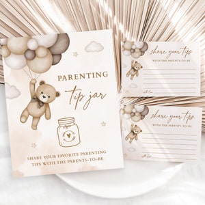 Letrero para tarro de consejos para padres y tarjeta de consejos para futuros padres, juego imprimible de osito beige para baby shower, tarjetas de consejos para baby shower