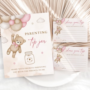 Blozen roze teddybeer ouderschap Tip Jar spel, advies voor de ouders om te zijn, Bear baby shower decor voor babymeisjes kunnen we bearly wachten