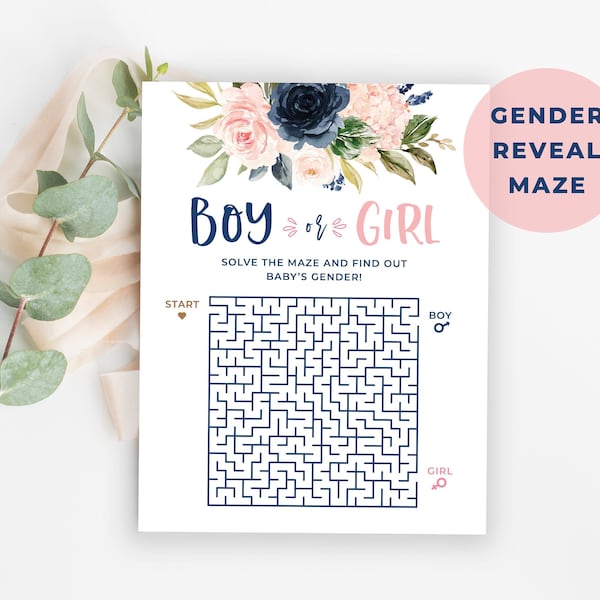 Jongen of meisje Gender Reveal Maze Game Hij of zij Labyrinth Game Navy en Blush Gender Reveal Printable Game