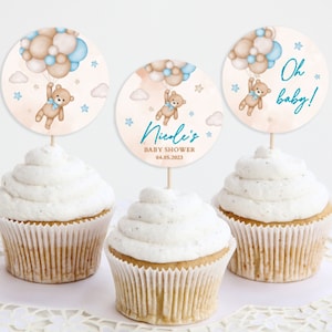 Blauer Teddybär-Cupcake-Topper, Teddybär-Geschlechtsoffenbarung, Cupcake-Topper für Babys, blauer Teddybär, Geburtstagsparty, Dessert-Etiketten