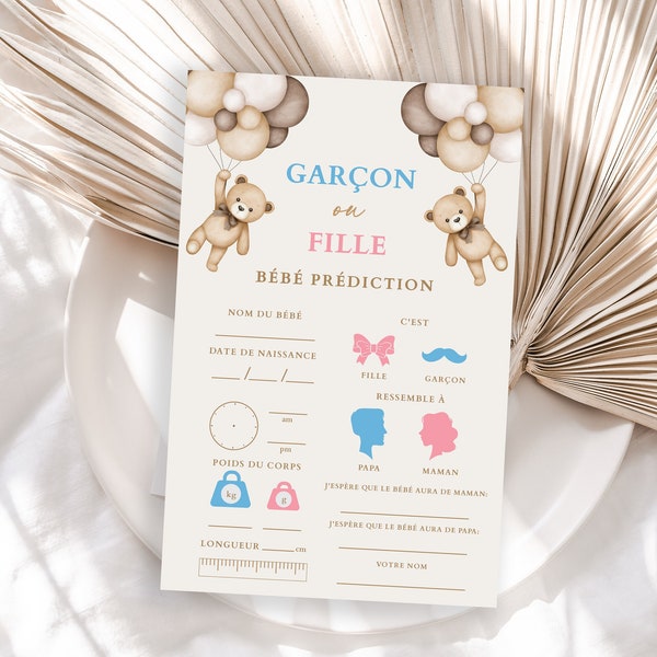 FRENCH Garçon ou Fille Bébé Prédiction Card, Beige Teddy Bear Gender Reveal Party, Boy or Girl What Will Baby Be Printable Ticket