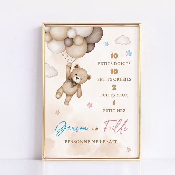FRENCH Garçon ou Fille 10 Petits Doigts 10 Petits Orteils, Beige Teddy Bear Gender Reveal Theme, Boy or Girl What Will Baby Be
