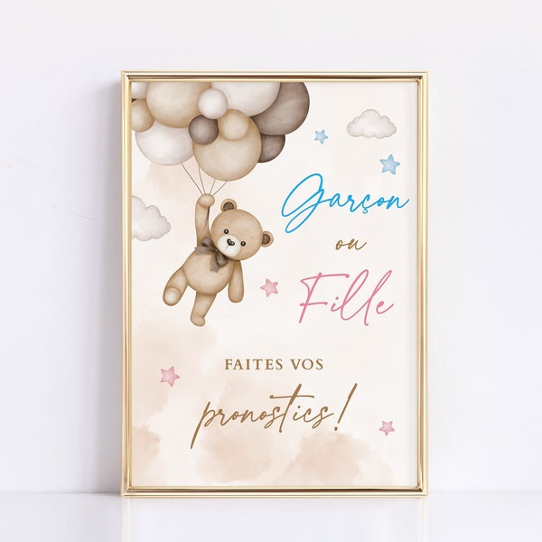 Garcon ou Fille Faites Vos Pronostics Printable Sign, Beige Teddy Bear Gender Reveal Party Ideas, Gender Neutral Boy or Girl Game