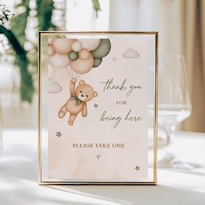 Sage Green Teddy Bear Thank You for Being Here Sign, Green Bear and Balloons Baby Shower Theme Gender Neutral, We Can Bearly Wait image 1