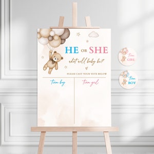 Beige teddybeer Hij of zij Wat zal de baby zijn Gender Reveal Party-ideeën We Can Bearly Wait-thema Breng je stem uit Banner