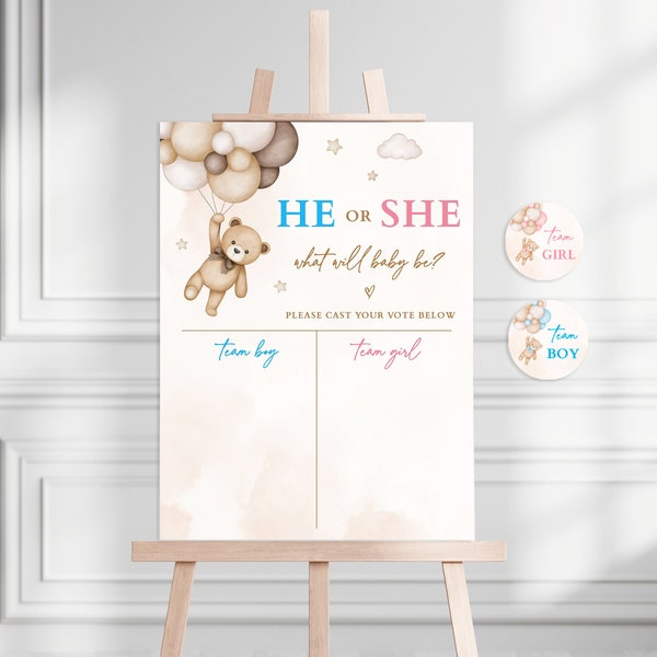 Beige Teddy Bear He or She What Will Baby Be Gender Reveal Party Ideas We Can Bearly Wait Theme Cast Your Vote Banner