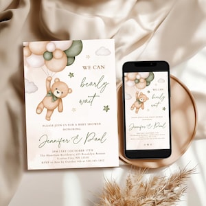 Invito modificabile per baby shower con orsetto verde, stampabile, modello di invito digitale, possiamo aspettare a malapena, verde salvia, genere neutro