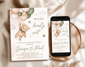 Green Teddy Bear Baby Shower Invitation, We Can Bearly Wait Theme, Gender Neutral Baby Invitation
