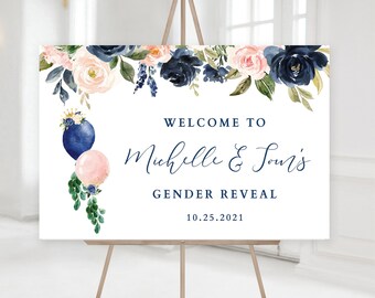 Navy and Blush Gender Reveal Welcome Sign, Navy Blue and Blush Pink Balloons Welcome Banner