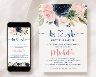 He or She What Will Baby Be Invitation, Navy Blue and Pink Blush Gender Reveal Invitation, Editable Template