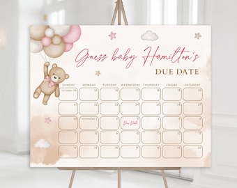 Pink Teddy Bear Due Date Calendar for Baby Shower, We Can Bearly Wait Guess the Baby's Birthday Date, Light Pink Bear Baby Decoration