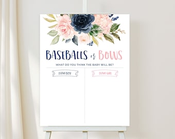 Baseballs or Bows Gender Reveal, Navy and Blush Gender Reveal Decoration, Baseballs or Bows Voting Banner, He or She Guessing Game