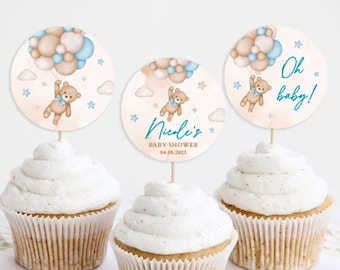Blue Teddy Bear Cupcake Toppers, Baby Boy Editable Dessert Toppers