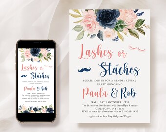 Lashes or Staches Gender Reveal Invitation, Navy and Blush Gender Reveal Invite, Editable Invitation, Gender Reveal Party Template