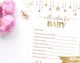Well Wishes for Baby, Baby Shower Well Wishes, Pink and Gold Baby Shower Cards, Printable Girl Baby Shower Activity Wishes for Baby