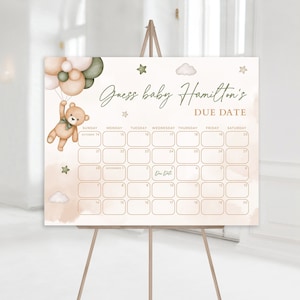 Calendrier date d'accouchement vert ours en peluche pour baby shower, devinez la date de l'anniversaire du bébé que nous pouvons attendre, thème ours en peluche vert sauge