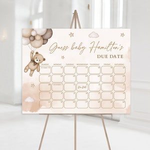Oso de peluche beige editable Podemos esperar con paciencia Calendario de fecha de vencimiento de la ducha Decoración Calendario de fecha de vencimiento neutral de género imprimible