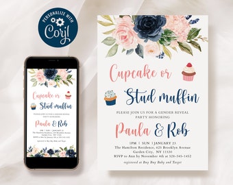 Cupcake or Stud Muffin Gender Reveal Invitation, Navy and Blush Editable Invitation, Cupcake or Stud Muffin Invite