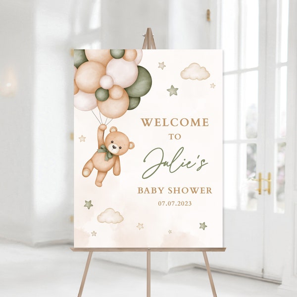Ours en peluche vert sauge MODIFIABLE Bienvenue dans la bannière de baby shower, enseigne imprimable Bienvenue sur le sexe, décoration ours beige vert