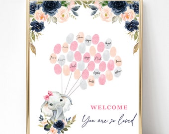 Elephant Fingerprint Guest Book Alternative, Baby Shower Keepsake (Editable)