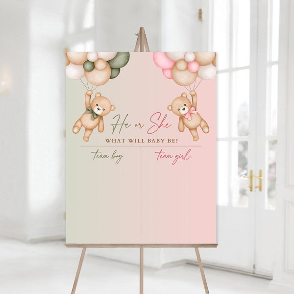 He or She Pink and Olive Gender Reveal Banner, Sage Green and Pink Teddy Bear Gender Reveal Party, Cast Your Vote We Can Bearly Wait Theme