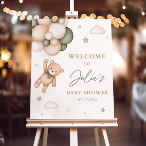 EDITABLE Sage Green Teddy Bear Welcome to Baby Shower Banner, Welcome to Gender Reveal Printable Sign, Green Beige Bear Decoration