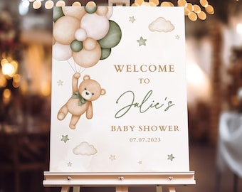 EDITABLE Sage Green Teddy Bear Welcome Banner, Welcome to Gender Reveal Printable Sign, Green Beige Bear Decoration