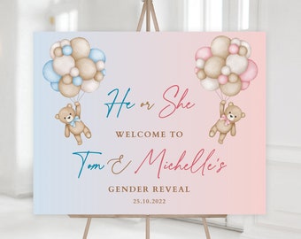 EDITABLE Teddy Bear Gender Reveal Welcome Sign, Gender Reveal Party Idea Teddy Bears Blue and Pink, Welcome Yard Printable Banner