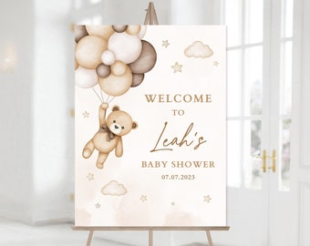 Teddy Bear Welcome to Baby Shower, Beige Bear Balloons Baby Shower Poster, We Can Bearly Wait Editable Yard Sign