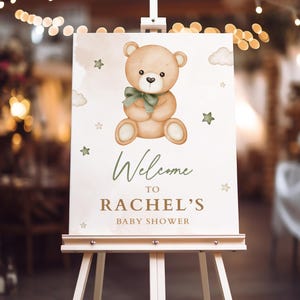 BEWERKBARE salie groene teddybeer welkomstbanner, groene beer babyshower genderneutraal, we Can Bearly Wait Bear babyshower decoratie