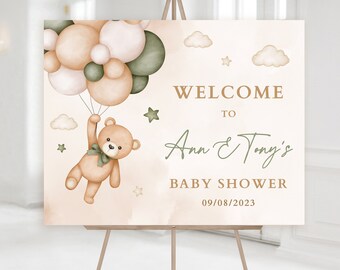 Green Teddy Bear Welcome Sign, We Can Bearly Wait Baby Shower Welcome Banner, Gender Neutral