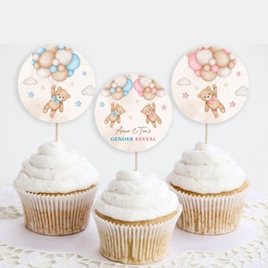 MODIFICABILE Teddy Bears Cupcake Toppers, Bears Balloon Gender Reveal Party Cupcake Etichette, Ragazzo o ragazza, Lui o lei Dessert Toppers