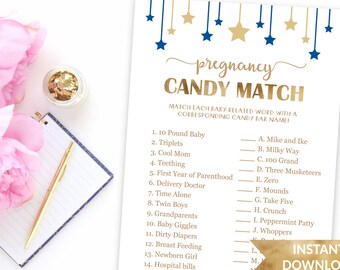 Pregnancy Candy Match Baby Shower Game, How Sweet It Is, Blue Baby Shower Candy Game, Pregnancy Games, Boy Baby Shower Themes Blue and Gold