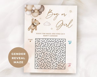 Boy or Girl Gender Reveal Maze Game Beige Teddy Bear Labyrinth Game Teddy Bear Gender Reveal Party Game