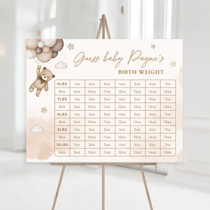 Indovina il peso del bambino Gioco per il baby shower, Decorazione per il baby shower dell'orsacchiotto beige Possiamo aspettare con difficoltà, Indovina il peso del bambino Banner modificabile