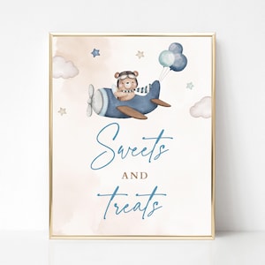 Sweets and Treats Baby Shower Sign, Airplane Teddy Bear Baby Shower, Travel Aviator Blue Bear Baby Shower. Desserts Table Sign