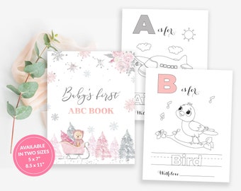 Kolorowanka z alfabetem do zimowej krainy czarów, zabawa na baby shower (wzór w formacie PDF)