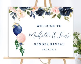 Gender Reveal Balloons Welcome Sign Navy Blue and Blush Pink Gender Reveal Welcome Sign Navy and Blush Welcome Banner Template