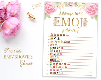 Children's Book Emoji Pictionary Game, Baby Shower Emoji Game, Floral Baby Book Emoji, Pink and Gold Boho Baby Shower Games