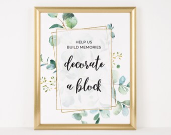 Greenery Foiliage Sign a Block Printable Please Decorate a Block Greenery Favors Sign  Leafy Green Baby Shower Favors Sign  #WP002