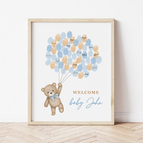 Thumbprint Guestbook Alternative, Blue Bear Baby Shower Fingerprint Guest Book, Custom Fingerprint Baby Shower Guestbook