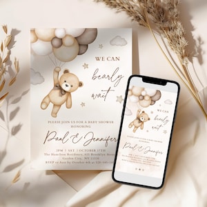 Beige Teddy Bear Baby Shower Invitation, We Can Bearly Wait Baby Shower Theme, Gender Neutral Invitation Editable Template