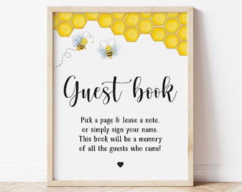 Letrero para baby shower con libro de visitas, imprimible, decoración con temática de abeja para revelar el género.