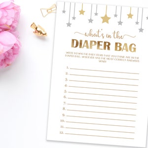 Guess What's in the Diaper Bag, Baby Shower Guessing Game, Gold Sparkle ...