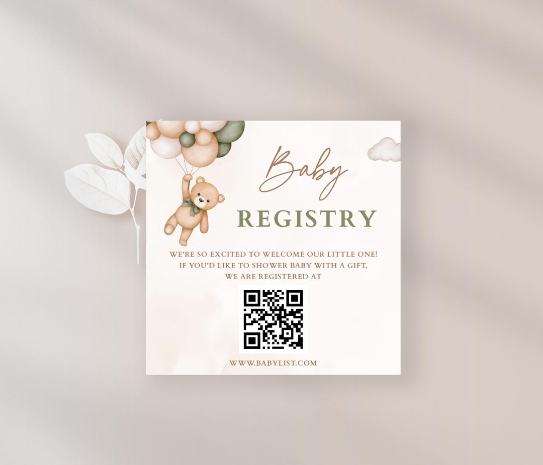 Baby Shower Registry QR Card, Baby QR Code, Green Teddy Bear Baby ...
