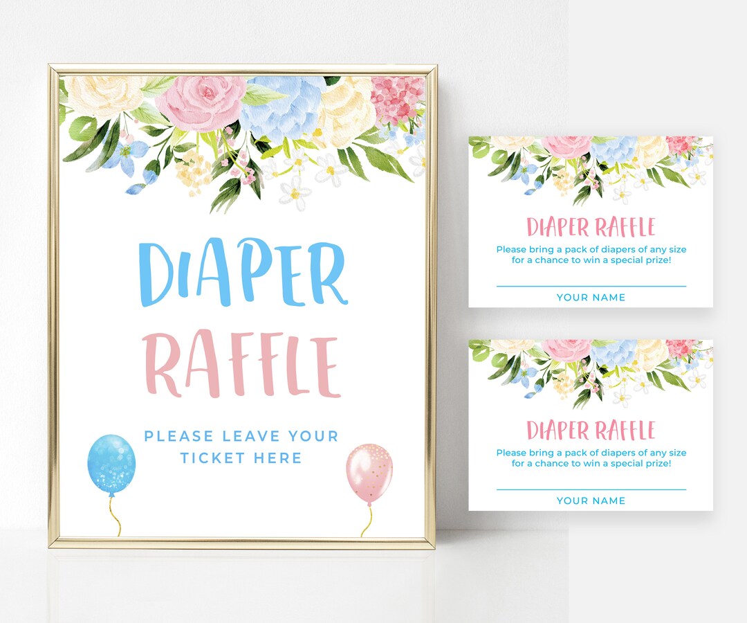 Diaper Raffle Gender Reveal, Floral Blue and Pink Gender Reveal Party ...