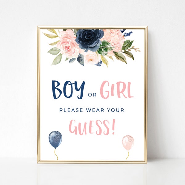 Boy or Girl Please Wear Your Guess Boy or Girl Gender Reveal Party Sign Blush and Navy Blue Gender Reveal Decorations Printable Sign