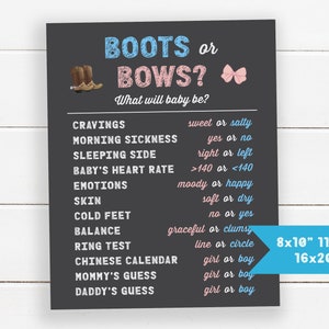 Boots or Bows Gender Reveal, Old Wives Tales Printable, Boots or Bows Cast Your Vote Sign, Chalkboard Poster Baby Shower