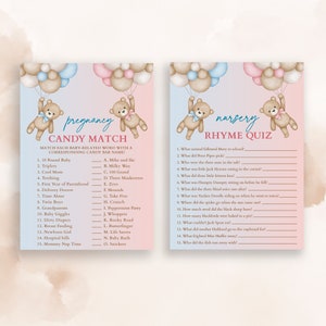 Peut inclure: Deux cartons de jeux de baby shower sur le th&egrave;me rose et bleu. Chaque carte pr&eacute;sente un ours en peluche tenant des ballons. Une carte est pour un jeu "Candy Match", et l'autre est un jeu "Rhyme Quiz". Le texte sur les cartes est manuscrit.