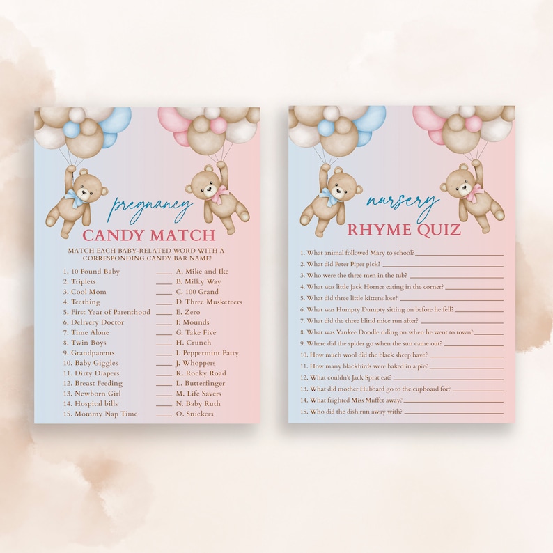 Peut inclure: Deux cartons de jeux de baby shower sur le th&egrave;me rose et bleu. Chaque carte pr&eacute;sente un ours en peluche tenant des ballons. Une carte est pour un jeu "Candy Match", et l'autre est un jeu "Rhyme Quiz". Le texte sur les cartes est manuscrit.